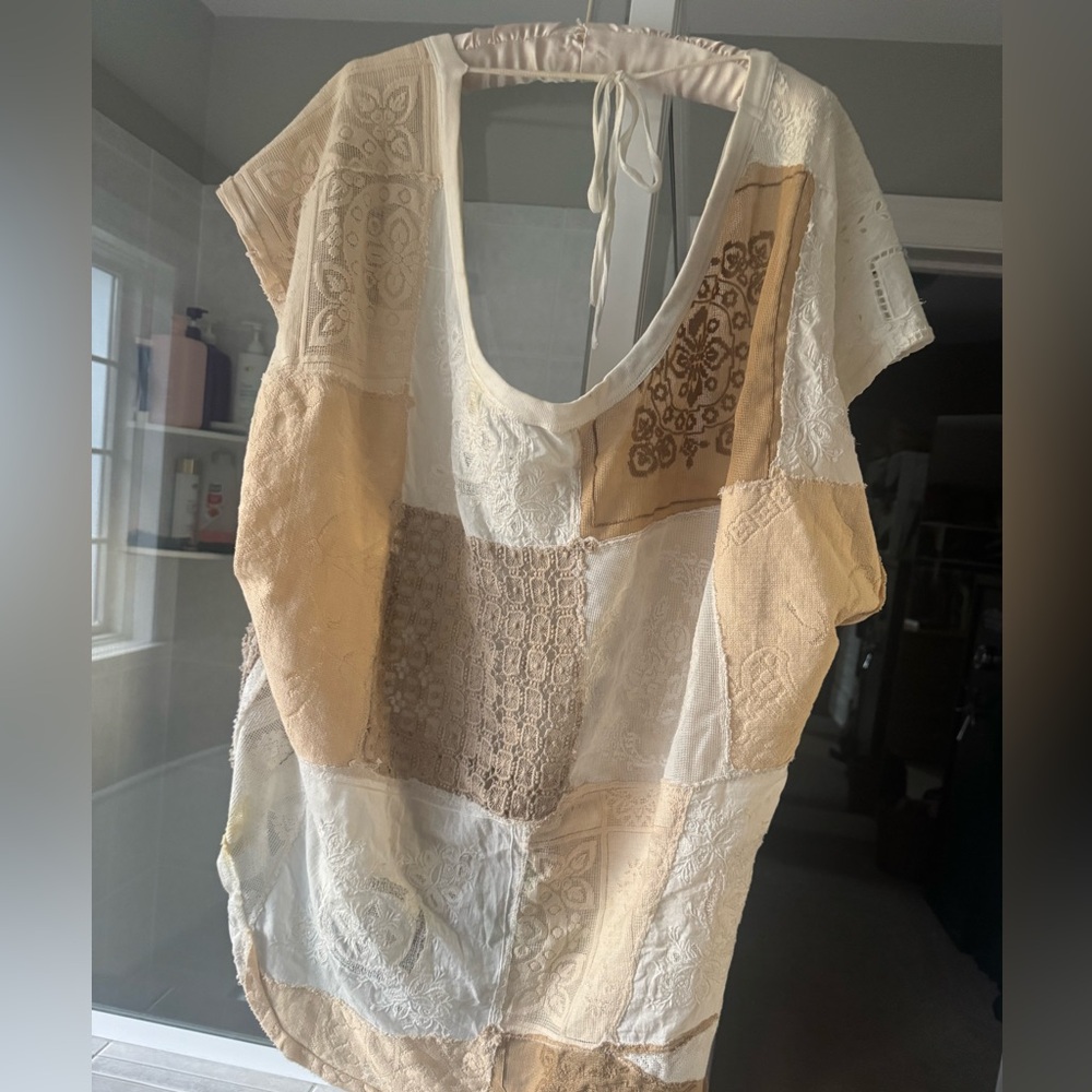 Free People Boho Patchwork Scoop Neck Women's Top in Cream and Tan